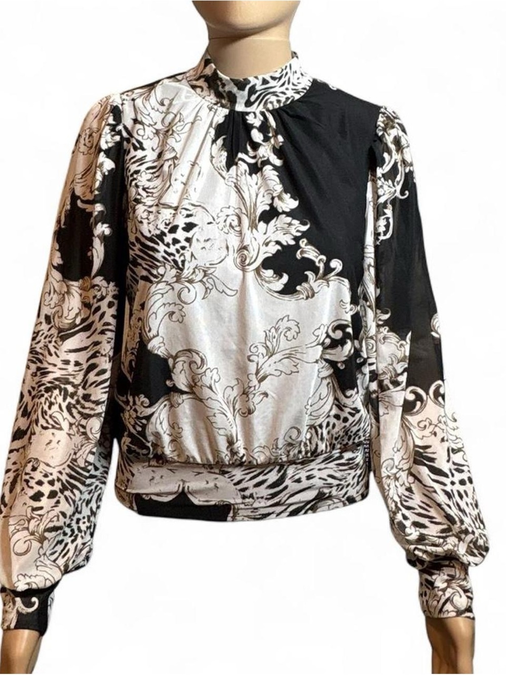 Women's Black and White Printed Mock Neck Blouse